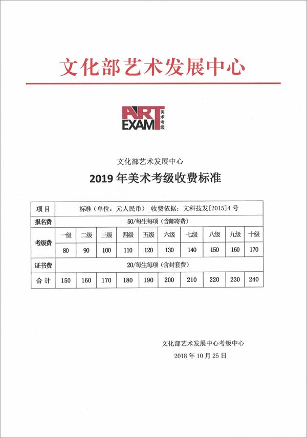 关于2019年文化部艺术发展中心各专业艺术考级收费标准67调整通知